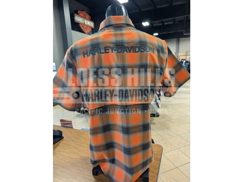 Harley-Davidson Men’s Orange-Black Plaid Button Up T-shirt