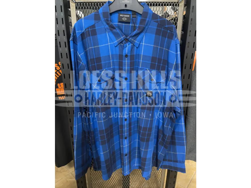 Men’s Blue Plaid Harley-Davidson Long Sleeve Button Up