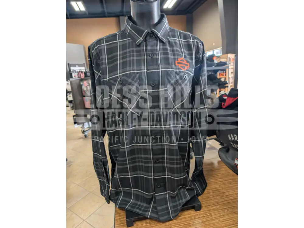 Harley-Davidson Men’s Black- Off White Plaid Button Up Long
