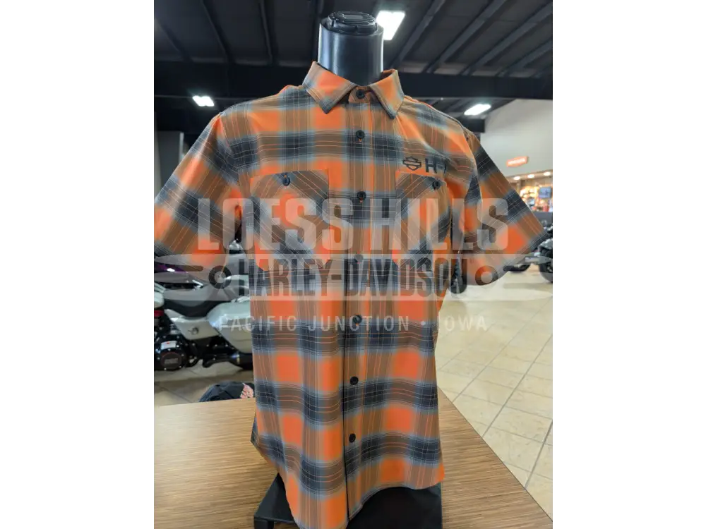 Harley-Davidson Men’s Orange-Black Plaid Button Up T-shirt