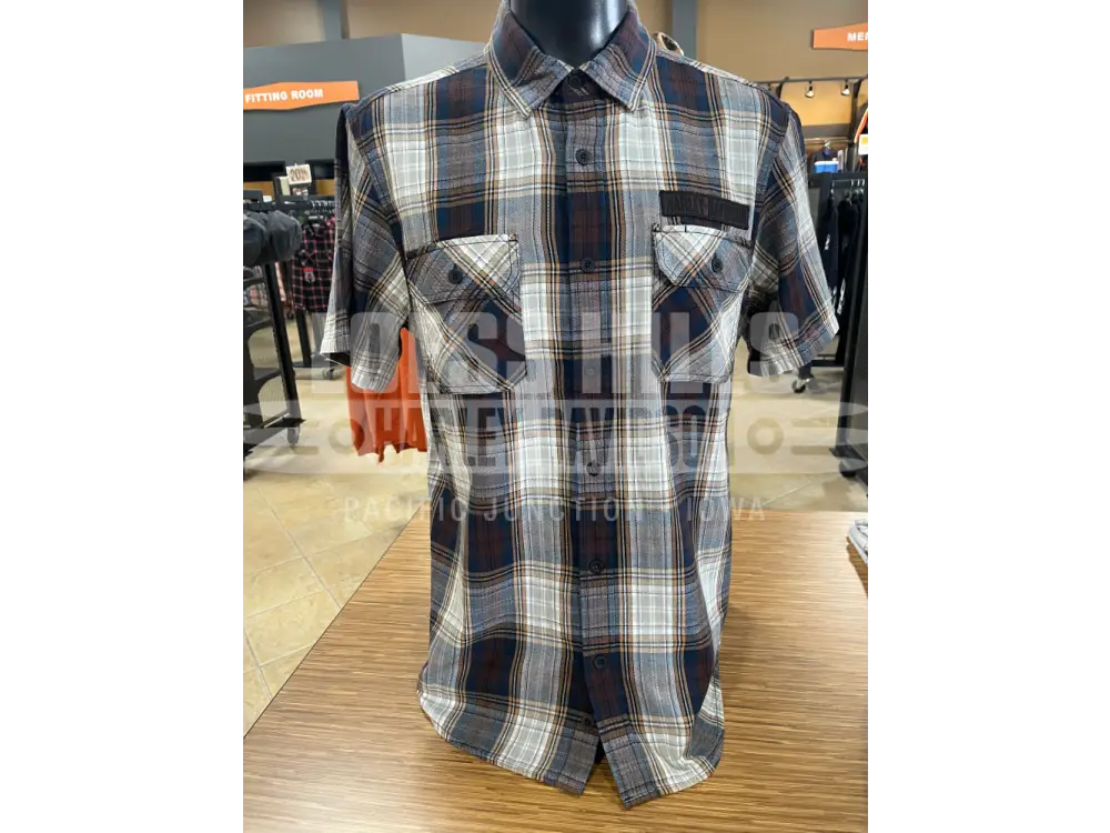 Men’s Block Font Yarn Dyed Plaid Short Sleeve 96855-25VM