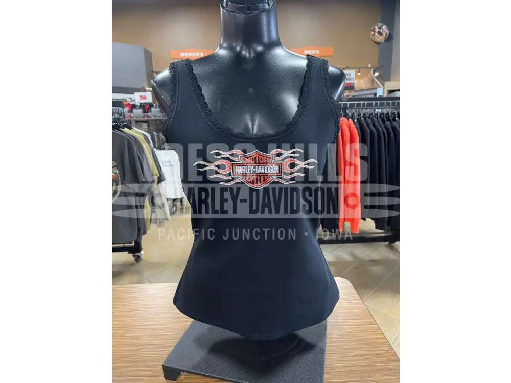 Women’s Black Vintage Flames Bling Lace Trim Tank