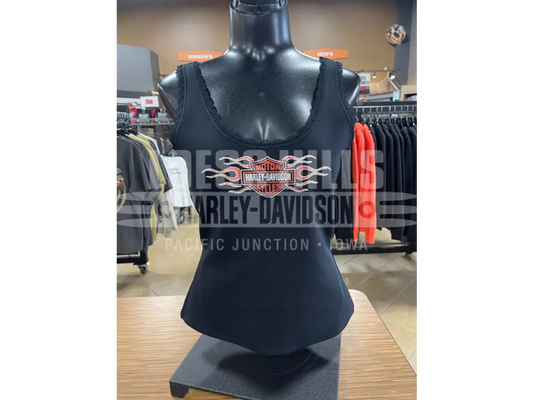 Women’s Black Vintage Flames Bling Lace Trim Tank