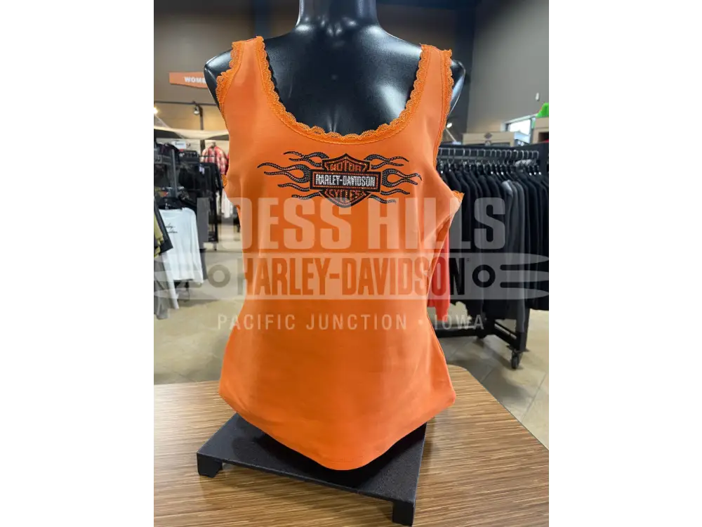 Women’s Orange Vintage Flames Bling Lace Trim Tank